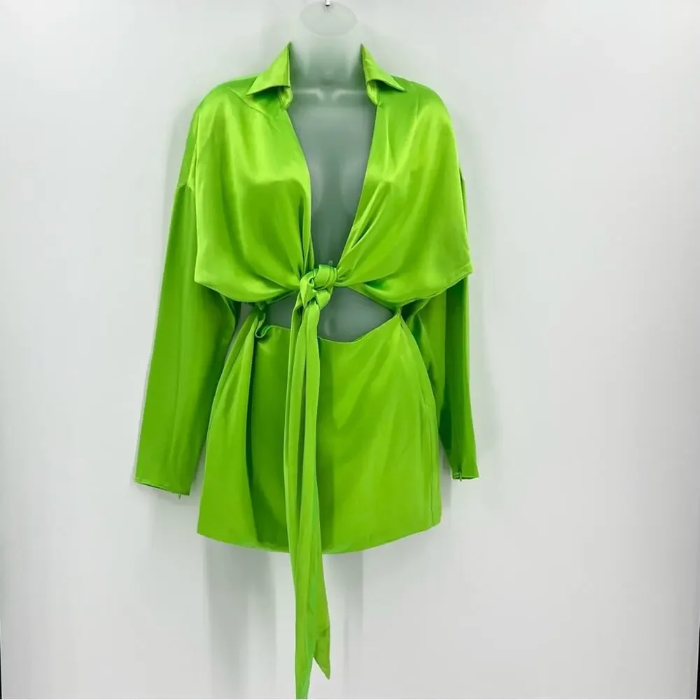 RETROFETE Knot-Detail Cut-Out Shirtdress Lime Green Deep V-Neck Tie Front Sm NEW - Picture 6 of 16